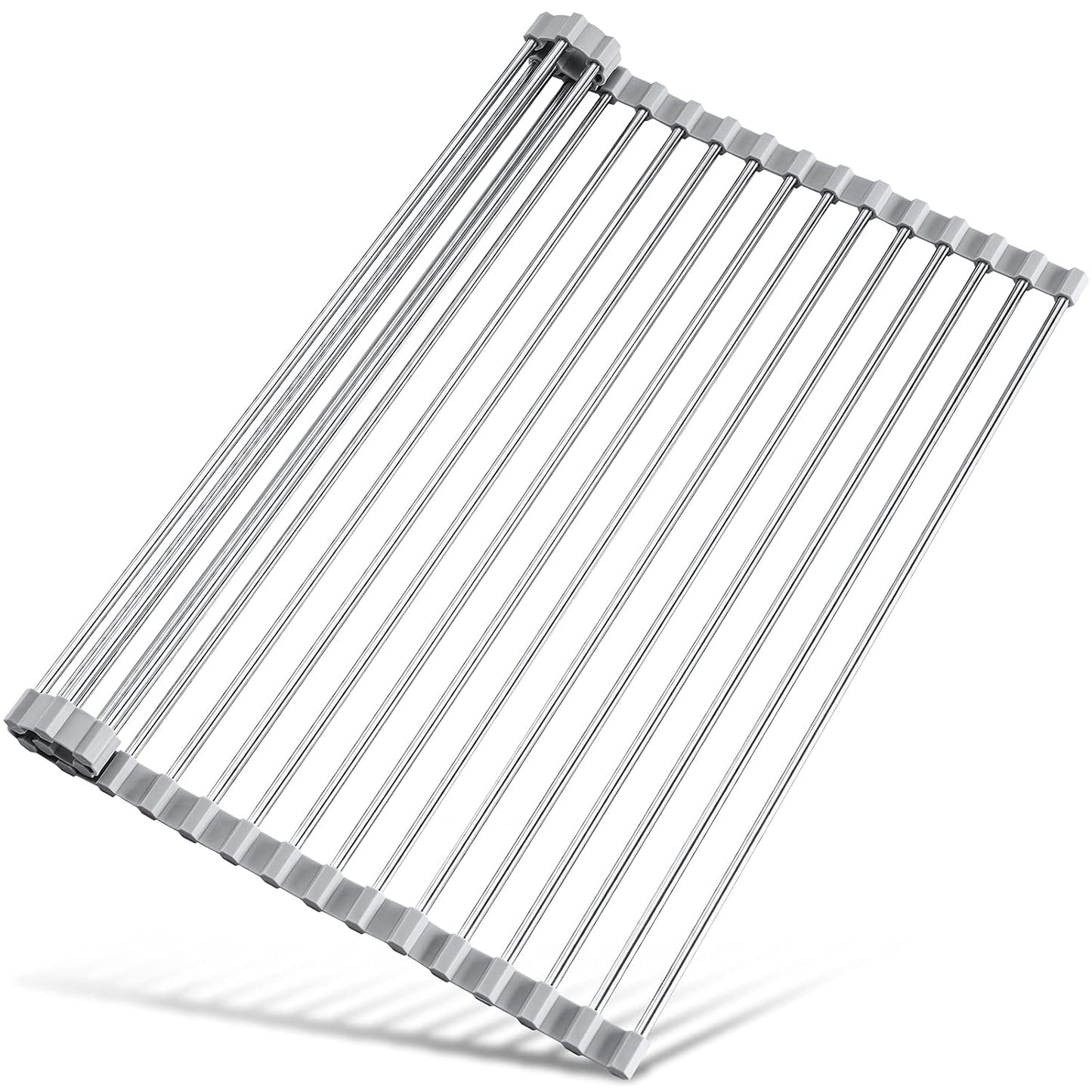 Tomorotec Roll Up Dish Drying Rack Over Sink, 304 Steel, 21x15.5, Grey | Anti-Slip Silicone Rims For Grip, Heat-Resistant Trivet Mat Holding Heavy Cookware, Rustproof Kitchen Counter Space Saver