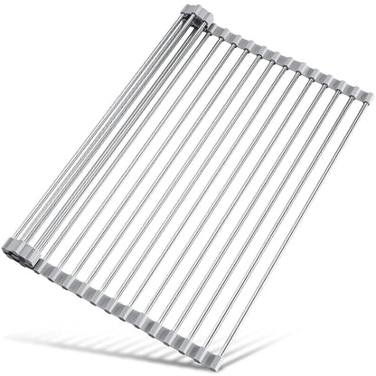 Tomorotec Roll Up Dish Drying Rack Over Sink, 304 Steel, 21x15.5, Grey | Anti-Slip Silicone Rims For Grip, Heat-Resistant Trivet Mat Holding Heavy Cookware, Rustproof Kitchen Counter Space Saver