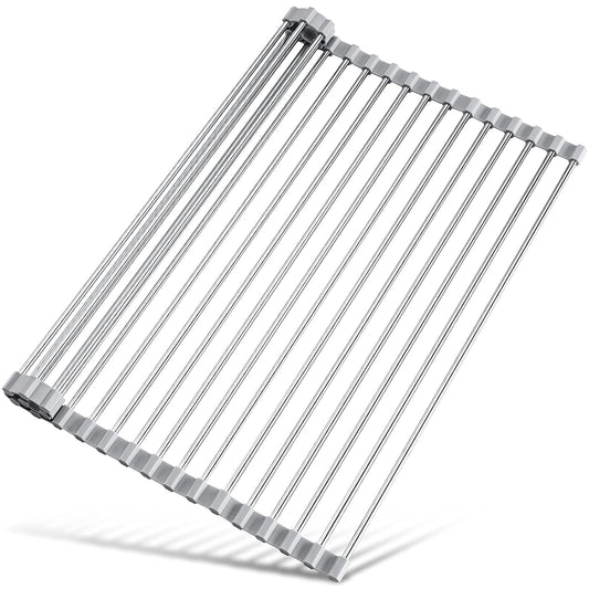 Tomorotec Roll Up Dish Drying Rack Over Sink, 304 Steel, 21x15.5, Grey | Anti-Slip Silicone Rims For Grip, Heat-Resistant Trivet Mat Holding Heavy Cookware, Rustproof Kitchen Counter Space Saver