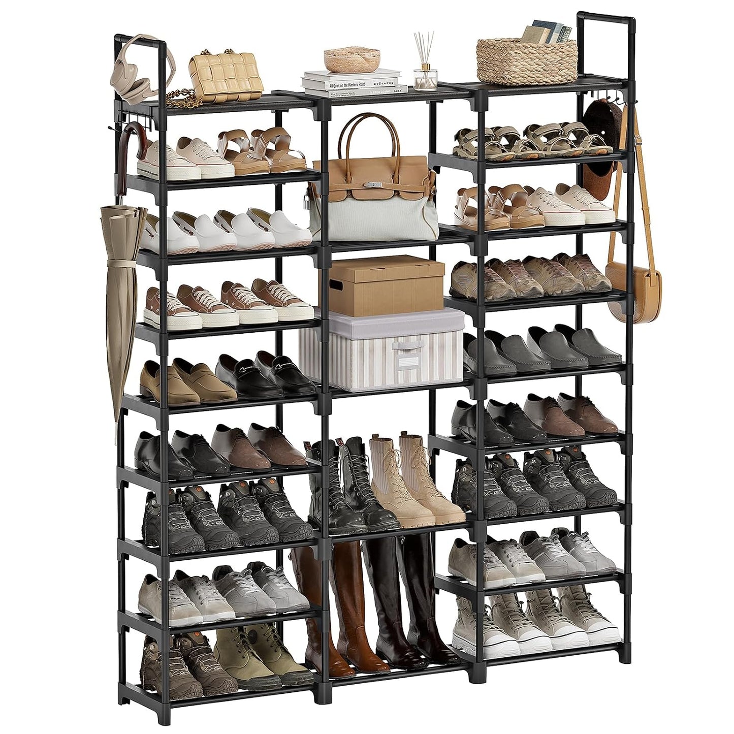 WOWLIVE 9 Tier 3-Column Shoe Rack, 50-55 Pairs Stackable Black | 50in Long for Larger Entryways, Removable Shelves Fit Tall Boots, Split into Multiple Units for Garage Closet