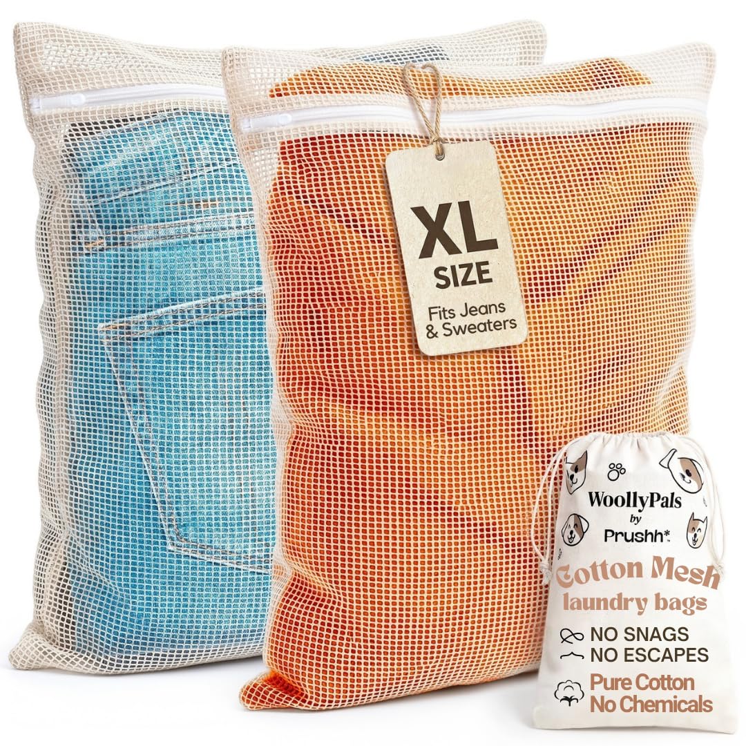 WoollyPals Large Cotton Mesh Laundry Bags (16" x 20") – 2-Pack with Drawstring Storage Pouch – Washer & Dryer Safe, Durable Zipper, Breathable Mesh for Clothes, Delicates, Underwear, Shoes & Lingerie