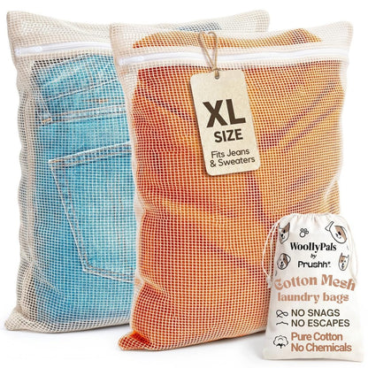 WoollyPals Large Cotton Mesh Laundry Bags (16" x 20") – 2-Pack with Drawstring Storage Pouch – Washer & Dryer Safe, Durable Zipper, Breathable Mesh for Clothes, Delicates, Underwear, Shoes & Lingerie
