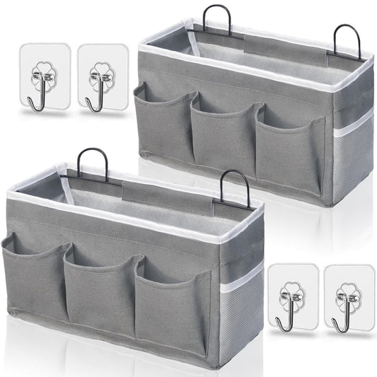 Kanrichu Wall Hanging Organizer Bag, 2-Pack Linen Storage Baskets with Pockets, WallHanging Storage Basket for Bedroom, Kitchen, Office, RV Camper (Gray)