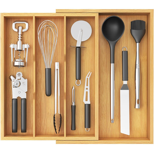 Lifewit Utensil Organizer for Kitchen Drawer, Expandable Cooking Utensil Tray, Cutlery Silverware Flatware Holder, Wood Adjustable Spatula Tools Storage Divider, 30-55 x 40cm, Natural
