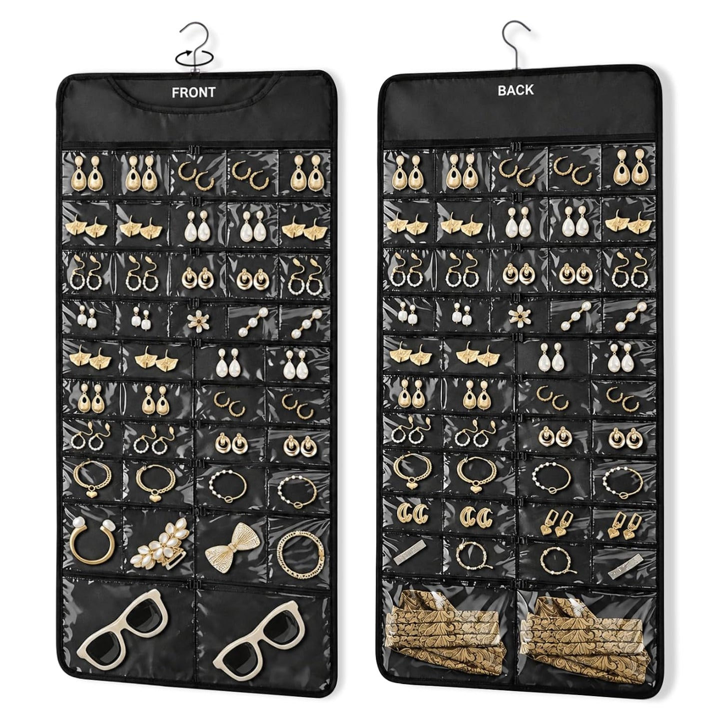 FOREGOER Hanging Jewelry Organizer Storage Roll 88 Zippered Pocket, 2-Sided | 88 Zipper Pockets, Dustproof Foldable for Travel, Accessories Organizer Holder for Earring Necklace Ring on Closet Wall Door