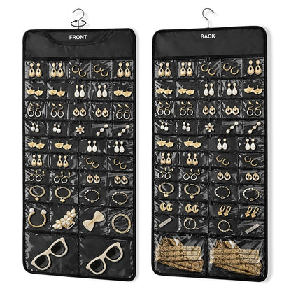 FOREGOER Hanging Jewelry Organizer Storage Roll 88 Zippered Pocket, 2-Sided | 88 Zipper Pockets, Dustproof Foldable for Travel, Accessories Organizer Holder for Earring Necklace Ring on Closet Wall Door