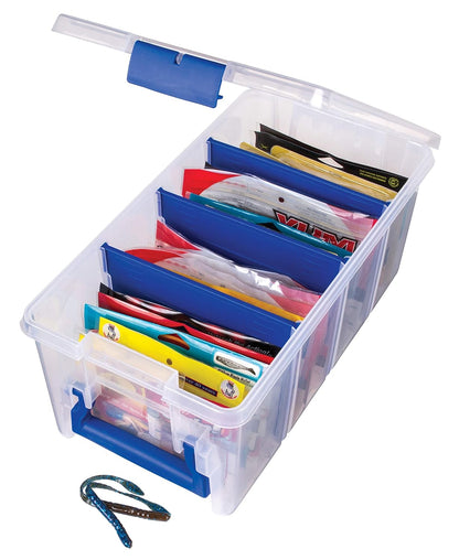 Flambeau Outdoors Super Half Satchel Soft Bait Organizer, Zerust, Clear | Organizes soft bait packages upright in 4 compartments with 3 Zerust dividers. Translucent lid and base, clear
