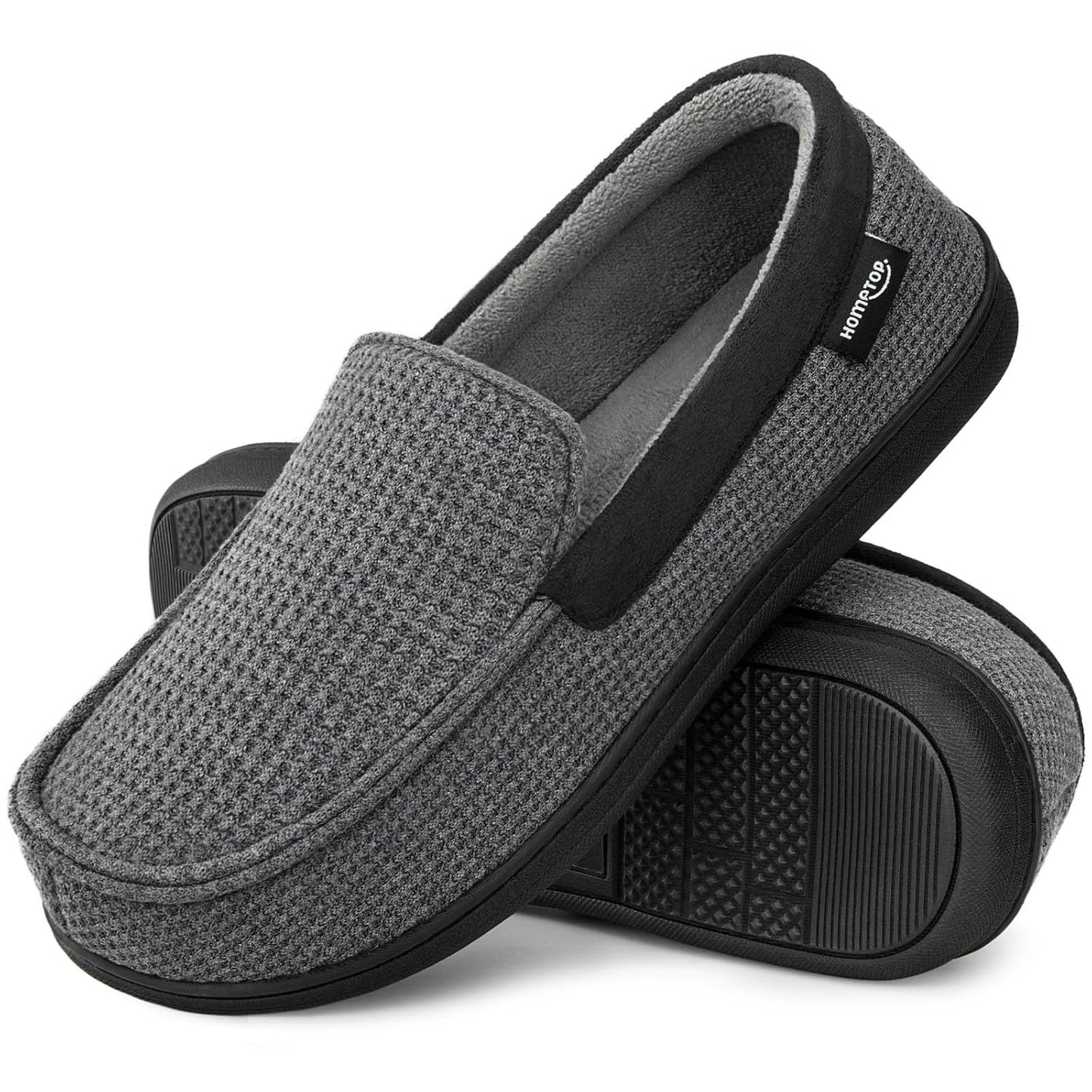 HomeTop Men's Knit Moccasin Slippers Memory Foam House Shoes Indoor Outdoor | Breathable,Indoor,Outdoor,Fleece Lining,Machine-washable,Non-slip
