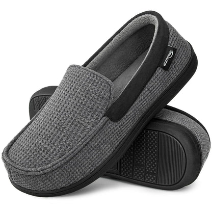 HomeTop Men's Knit Moccasin Slippers Memory Foam House Shoes Indoor Outdoor | Breathable,Indoor,Outdoor,Fleece Lining,Machine-washable,Non-slip
