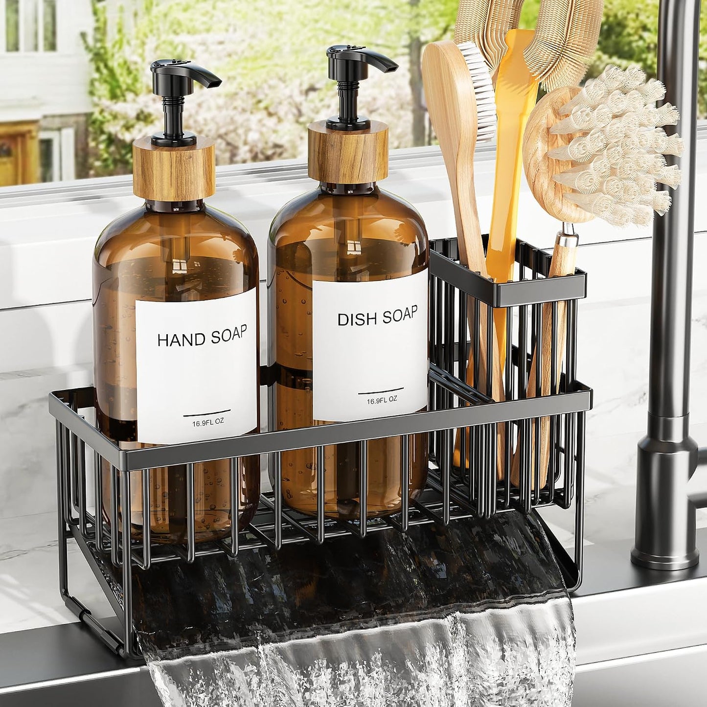 Kitchen Dish Soap Dispenser Set with 2 Pack 16.9oz Amber Glass Bottle and Sponge Holder, Dish Soap Dispensers with Adjustable Sponge Holder, Vintage Hand and Dish Soap Dispensers Set