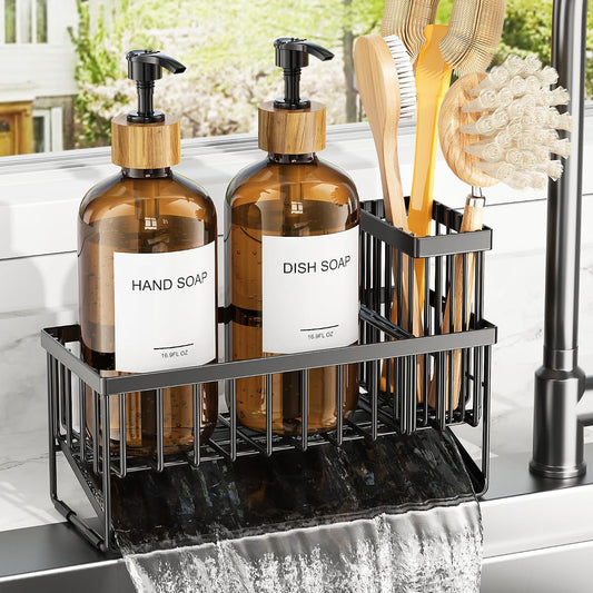 Kitchen Dish Soap Dispenser Set with 2 Pack 16.9oz Amber Glass Bottle and Sponge Holder, Dish Soap Dispensers with Adjustable Sponge Holder, Vintage Hand and Dish Soap Dispensers Set
