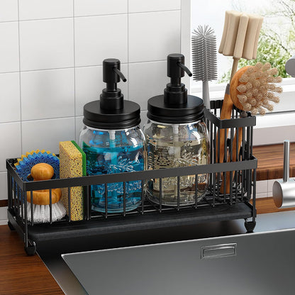 Galasily Mason Jar 16 oz Liquid Soap Dispensers Set with Large Kitchen Sink Caddy, Black Rustproof Stainless Steel Pump, Refill Hand Soap, Dish Soap, Vintage Farmhouse Decor for Bathroom, Kitchen