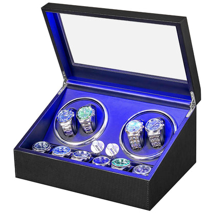 ANWBROAD Watch Winder for Automatic Watches, Watch Winder 4 Watches | 4 Watch Rotator and 6 Extra Storages with Quiet Motor and LED Backlight Turner Carbon Fiber Shaker 4 Rotating Modes UJWW002F