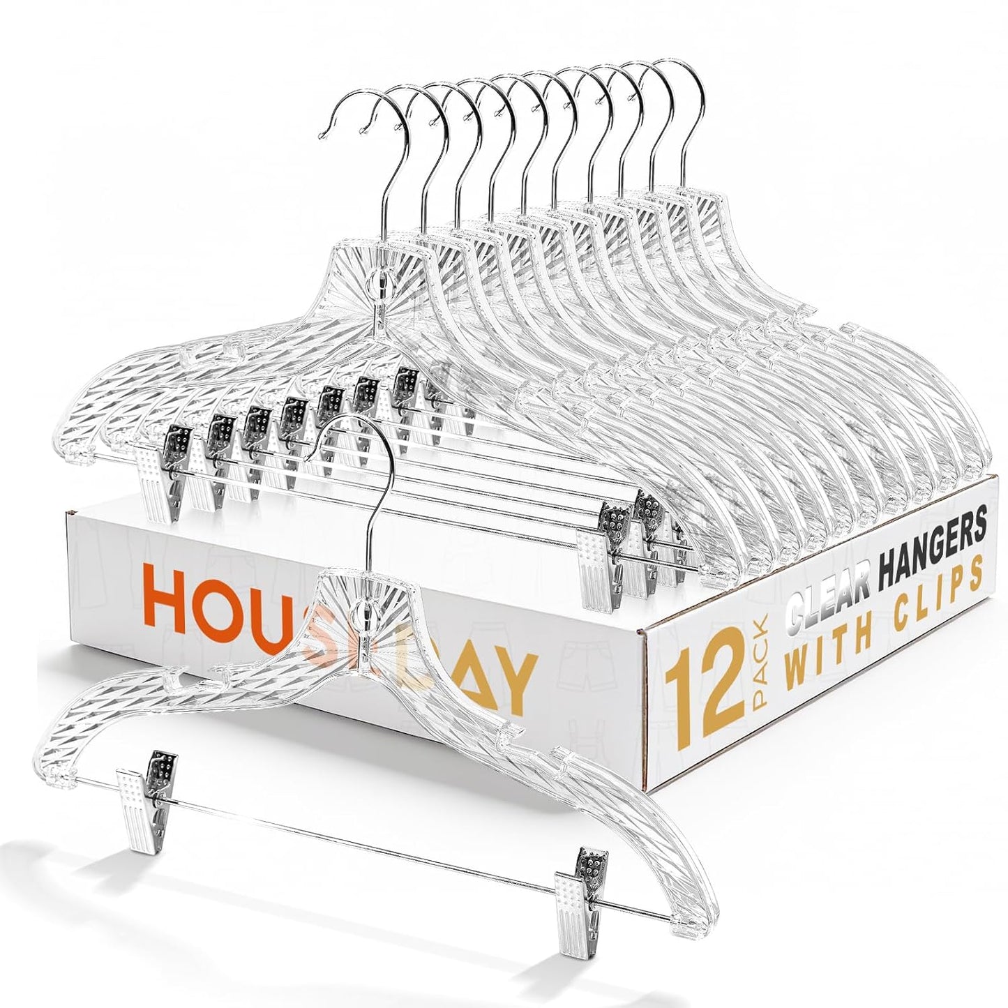 HOUSE DAY Clear Plastic Pants Hangers 12 Pack, Set Hanger for Tops and Bottoms, Non Slip Skirt Hangers with Adjustable Clips, Shoulder Notches, 360° Swivel Hook
