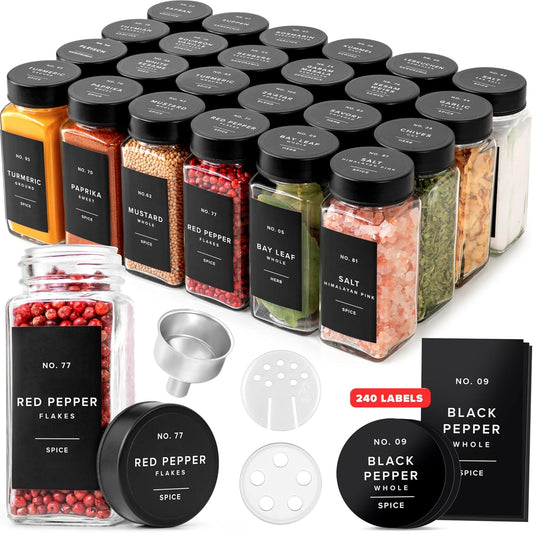 Glass Spice Jars with Label, Seasoning Set, 24x Black Steel Lids