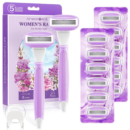 Razors for Women with 2 Handles 14 Cartridges and a Shower Holder, Purple | 5 Premium Blades Women's Razors for Shaving with 360° Lubrication Reduces Irritation