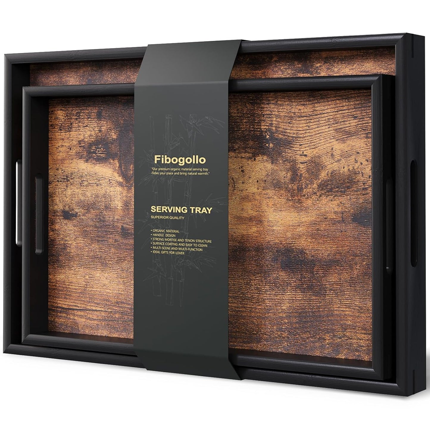 Fibogollo Set of 2 Wooden Serving Trays with Handles for Coffee Table | Decorative Trays Platter,Breakfast Tray in Bed,Large Coffee Table Tray，Food Drinks Trays for Eating,Working,Storing
