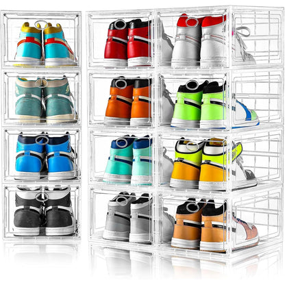 12 Pack Clear Shoe Storage, Stackable Shoe Organizer, Shoe Boxes for Closet | Plastic Shoe Containers with Magnetic Door, Sturdy Sneaker Storage Organizer, Shoe Cabinet Fit up to US Size 12