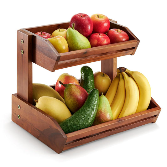Acacia 2 Tier Fruit Basket for Kitchen Counter Organizer – Wooden Fruit Bowl & Wooden Basket for Kitchen Counter Storage, Vegetable & Produce Storage, Snack Organizer for Countertop (Acacia)