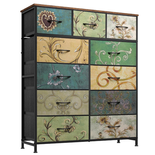 WLIVE Tall Dresser for Bedroom, 11 Drawer Chest of Drawers, Floral | 11 fabric storage drawers, Tall high-capacity design, Bedroom or dorm use, Sturdy steel frame, Smooth wood tabletop