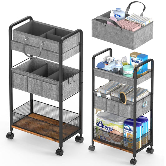 2In1 Baby Diaper Caddy & 3-Tier Rolling Diaper Cart, Diaper Caddy Organizer Cart with Dividers, Mobile Metal Utility Cart for Nursery Essentials, Detachable Bedside Cart, Large Capacity