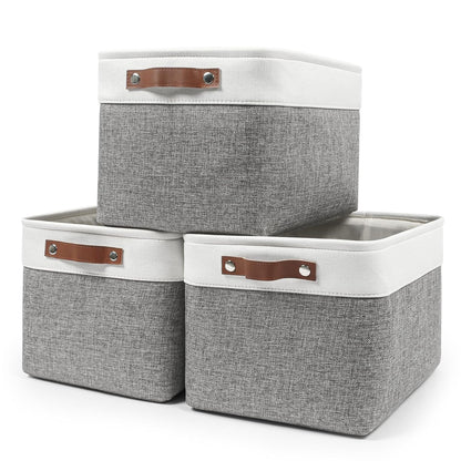 Storage Bins Large Fabric Storage Baskets for Shelves 3 Pack, Decorative Linen Closet Baskets with Handles for Organizing, Shelf, Clothes, Home, Office, 15x11x9.5Inches (Grey&White)
