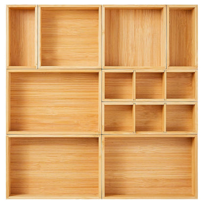 Fabsome Drawer Organizer, Set of 9 Bamboo Wood Kitchen Makeup Desk Junk Tea Drawer Storage Boxes Bins for Cutlery Silverware Utensils Flatware, Small Wooden Container Tray for Bathroom, Office