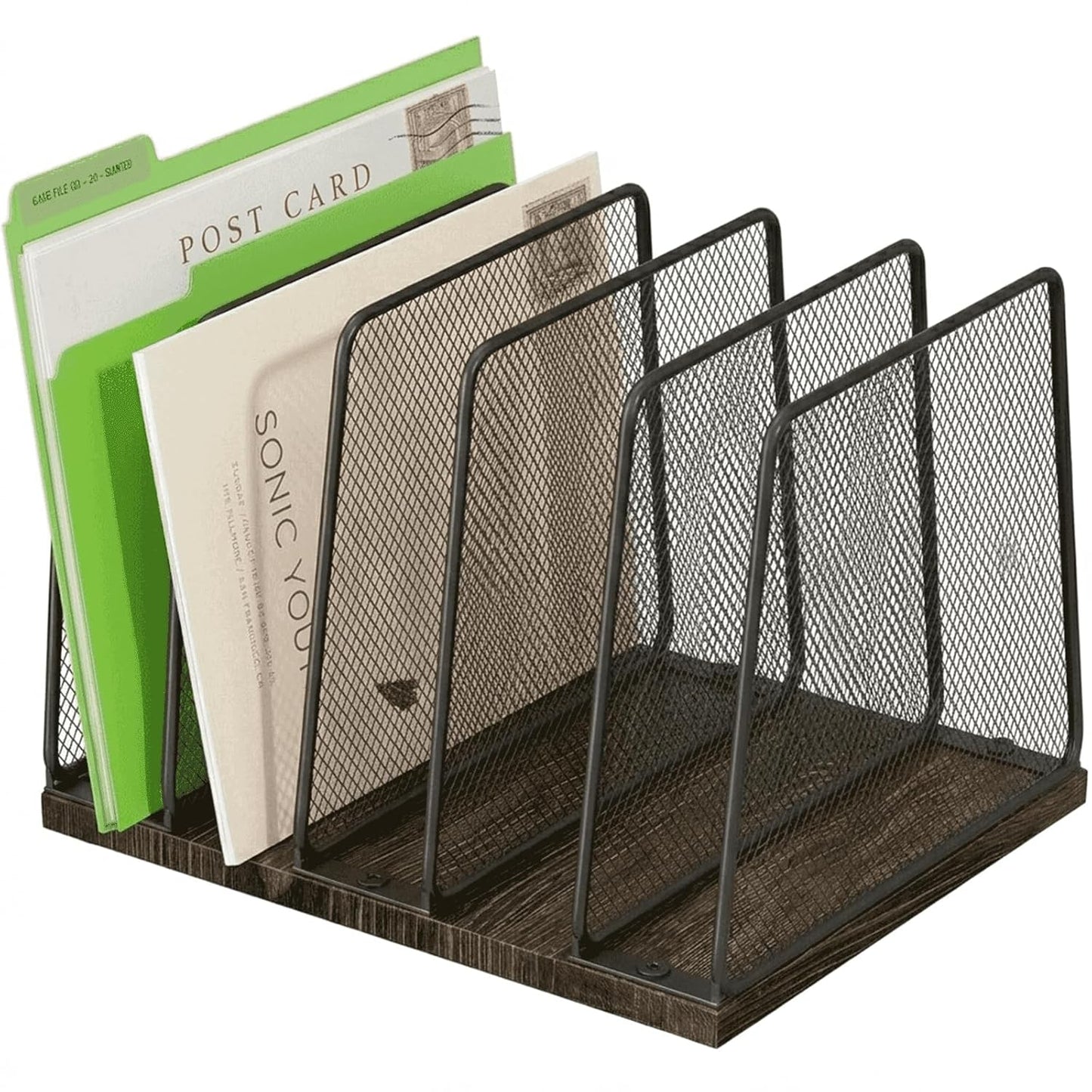 5-Section Vertical File Organizer for Desk, Sturdy Wood Base & Metal Mesh Desktop File Holder, Upright Paper Folder Sorter for Office Supplies（Rustic Brown）