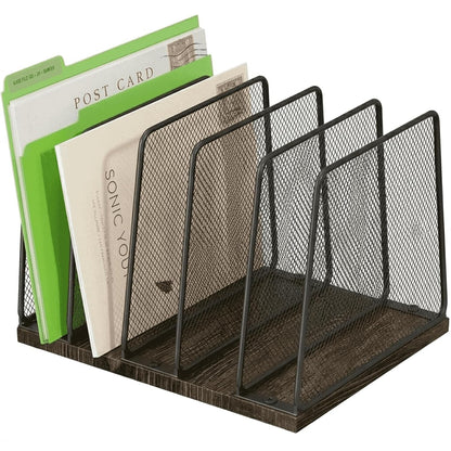 5-Section Vertical File Organizer for Desk, Sturdy Wood Base & Metal Mesh Desktop File Holder, Upright Paper Folder Sorter for Office Supplies（Rustic Brown）