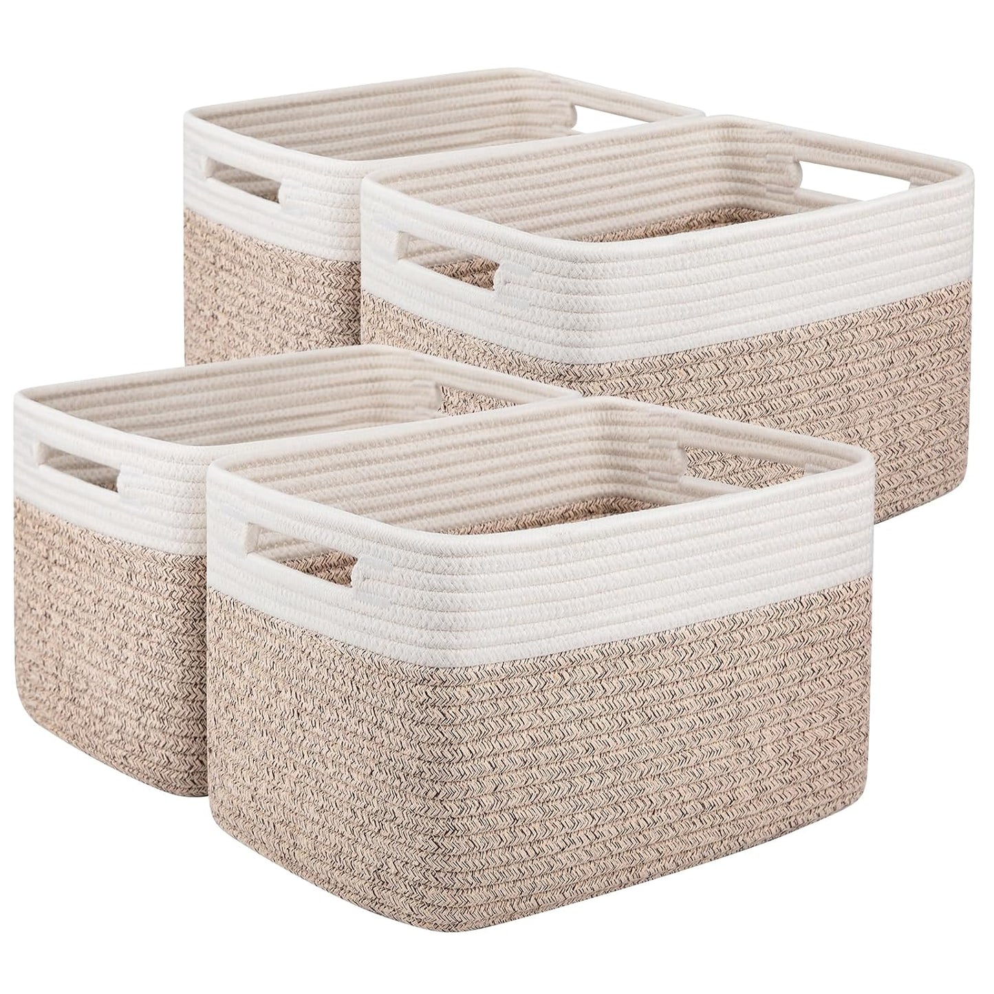 OIAHOMY 4 Pack Storage Basket, 13"x9"x7.8" Cotton Rope Baskets for Shelves, Closet Organizer for Bedroom & Living Room, Soft Decorative Bins for Organizing Towels, Books & Toys, Brown & White