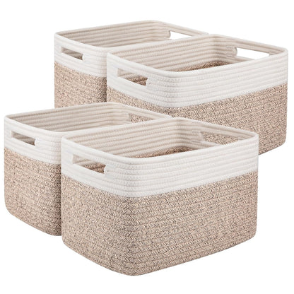 OIAHOMY 4 Pack Storage Basket, 13"x9"x7.8" Cotton Rope Baskets for Shelves, Closet Organizer for Bedroom & Living Room, Soft Decorative Bins for Organizing Towels, Books & Toys, Brown & White