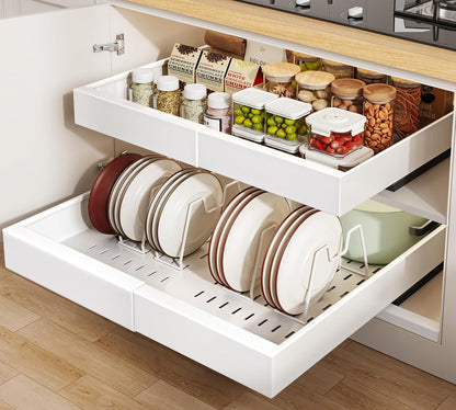 2Pack Pull out Cabinet Organizer 21"Deep with 4 Adjustable Dividers,Expandable（12.1"-20.4"W） Pots and Pans Organizer Under Cabinet with Raising Pad for Framed Cabinets,Slide out Drawers,White