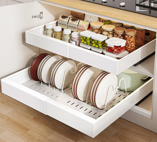 2Pack Pull out Cabinet Organizer 21"Deep with 4 Adjustable Dividers,Expandable（12.1"-20.4"W） Pots and Pans Organizer Under Cabinet with Raising Pad for Framed Cabinets,Slide out Drawers,White