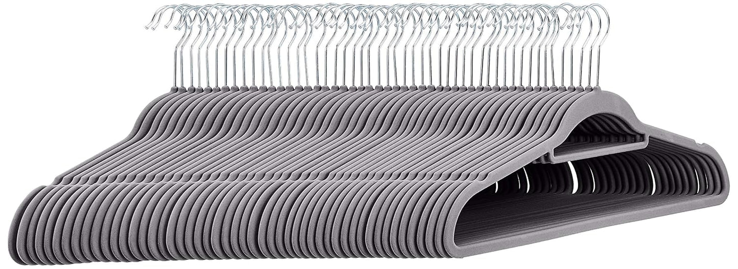 Amazon Basics Space Saving Heavy Duty Non-Slip Velvet Suit Hangers with Horizontal Tie Bar, Sturdy for Clothes Organization and Storage, Dark Gray, 50-Pack