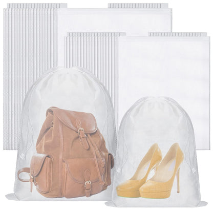 Woanger 40 Pcs Dust Bags for Handbags Drawstring Dust Proof Purse Storage Bags, 2 Size Non Woven Breathable Fabric Shoes Pouch for Purse Backpack Boots Cloth Storage Travel Package Organizer, White