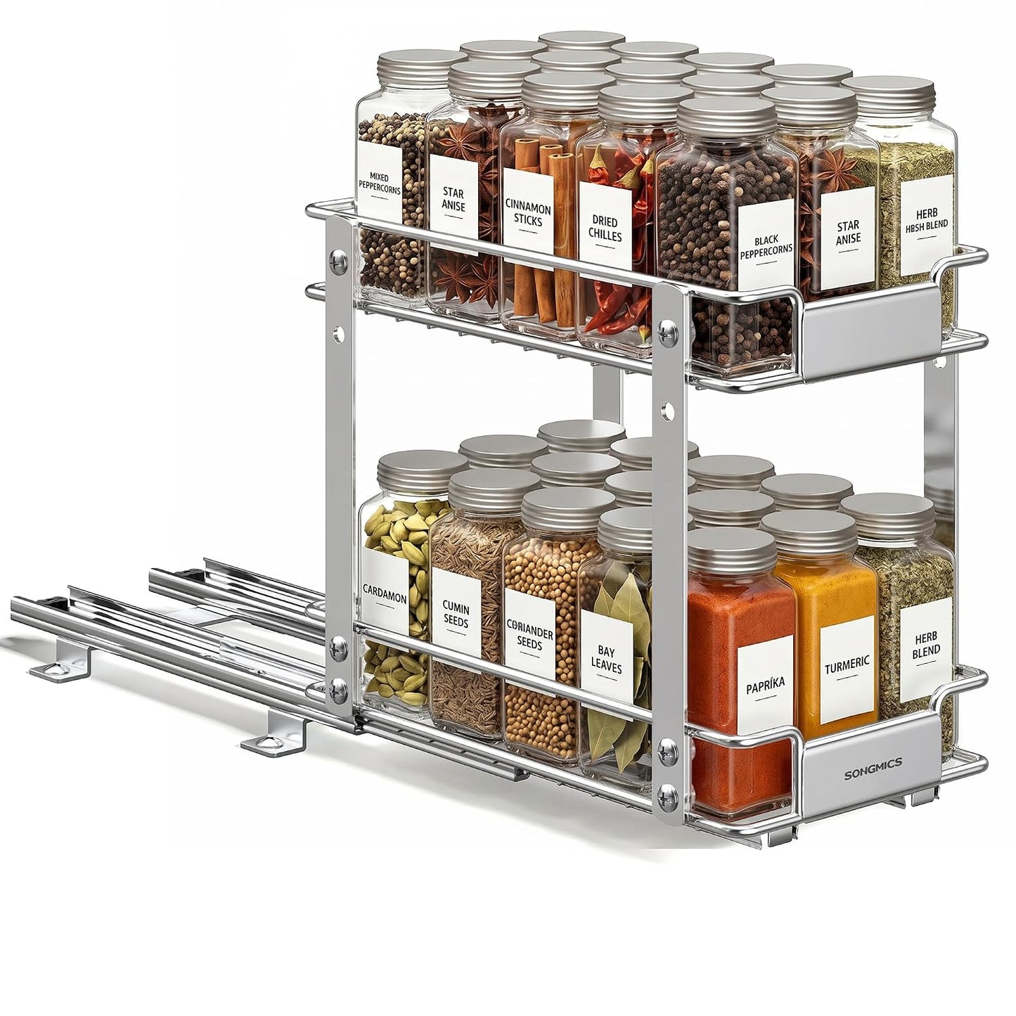 SONGMICS 2 Tier Pull Out Spice Rack for inside Cabinets, Steel | Spice Organizer, Slide Out Cabinet Organizer, for Kitchen Cabinet Storage, Silver UKCS117E101