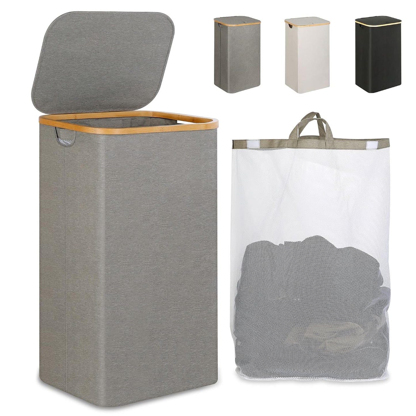iEGrow Laundry Hamper with Lid, 110L Large Laundry Hamper with Handle and Lid, Collapsible Clothes Basket Organizer with Removable Inner Bag for Clothes Toys Towels - Grey