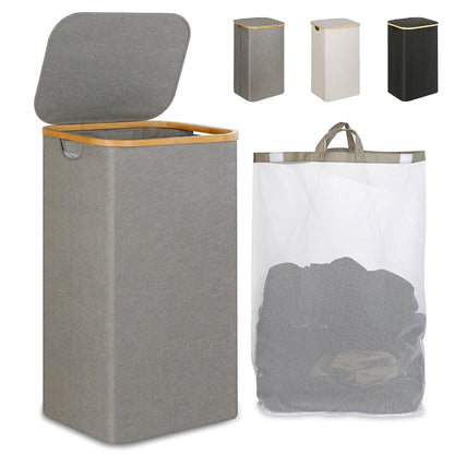 iEGrow Laundry Hamper with Lid, 110L Large Laundry Hamper with Handle and Lid, Collapsible Clothes Basket Organizer with Removable Inner Bag for Clothes Toys Towels - Grey