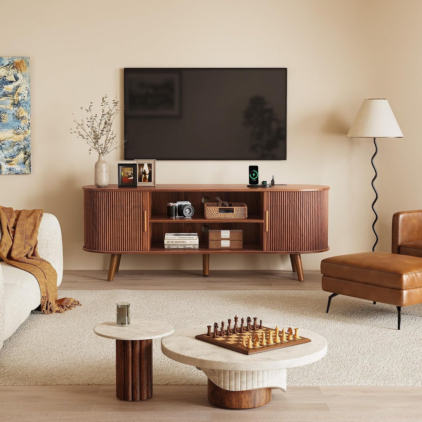 54 Inch Fluted TV Stand for TVs up to 55 Inch, TV Media Console with Power Outlets and USB-C Port, Entertainment Center with Storage, Curved Sliding Doors, Adjustable Shelf, Brown