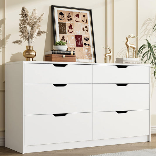 YESHOMY Dresser for Bedroom, 47.2" Modern Wood Chest with 6 Drawers, White | Two Drawer Sizes, Anti-Tip, Storage Cabinet & TV Stand for Living Room, Closet, Entryway