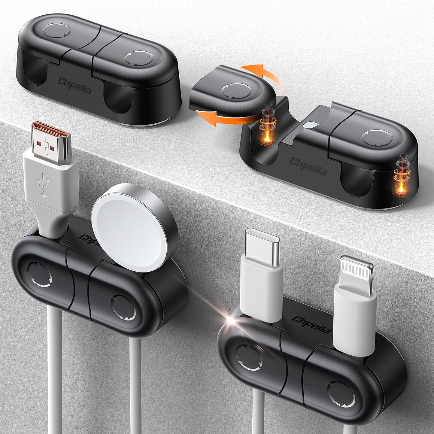 Magnetic Cable Clips - Chfeila 4Pack Cord Holder Clips, Cord Management | Double Cord Clip, 360° Rotatable Cord Organizer, Wire Organizer Holder for Nightstand, Home Office Desk Accessories Decor