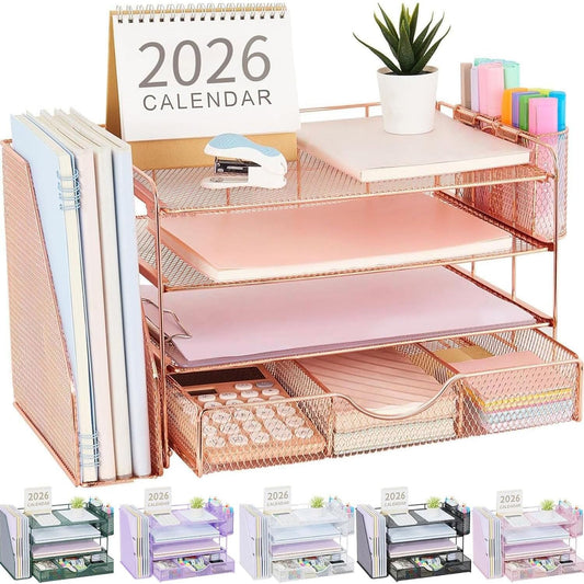 gianotter Desk Organizers and Accessories with File Holder, 4-Tier Desk Accessories & Workspace Organizers with Drawer and 2 Pen Holder, Paper Organizer for Office Supplies (Rose Gold)
