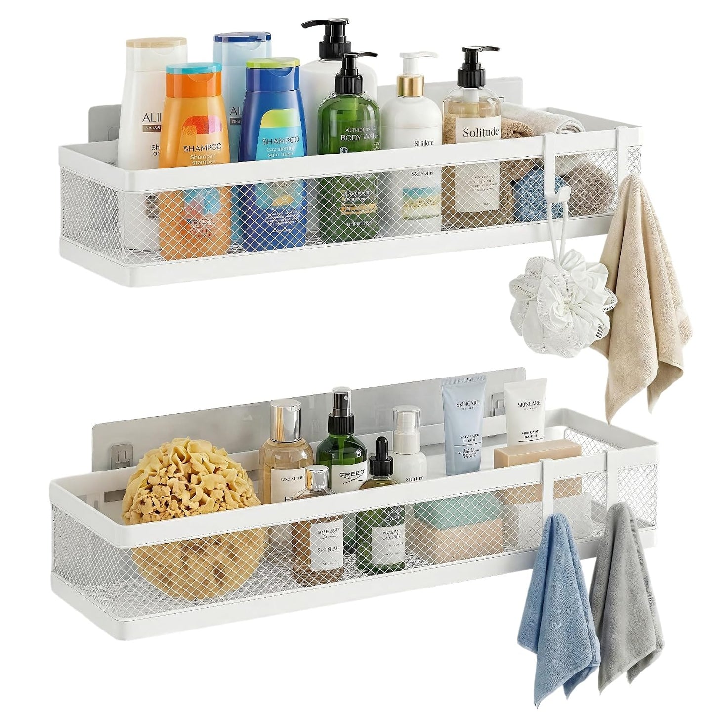 PUSDON 16.5-Inch Extra Long Slim Mesh Shower Caddy, Wall Mounted Bathroom Organizer with Adhesive, Heavy Duty Rustproof Shelf for Narrow Kitchen Pantry & RV, Holds 50 LBS 2-Pack - Matte Black Netting