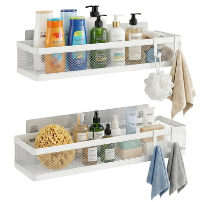 PUSDON 16.5-Inch Extra Long Slim Mesh Shower Caddy, Wall Mounted Bathroom Organizer with Adhesive, Heavy Duty Rustproof Shelf for Narrow Kitchen Pantry & RV, Holds 50 LBS 2-Pack - Matte Black Netting