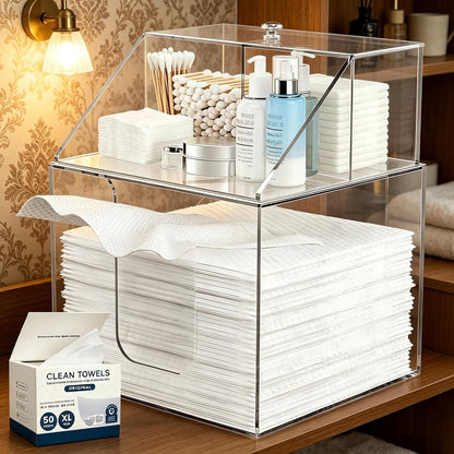 Disposable Face Towel Storage Box Compatible with Clean Skin Club XL, 3-in-1 Detachable 2-Layer for Cleaning Accessories, Face Towel Holder for Bathroom, Vanity Makeup, Holds 50, Clear Acrylic