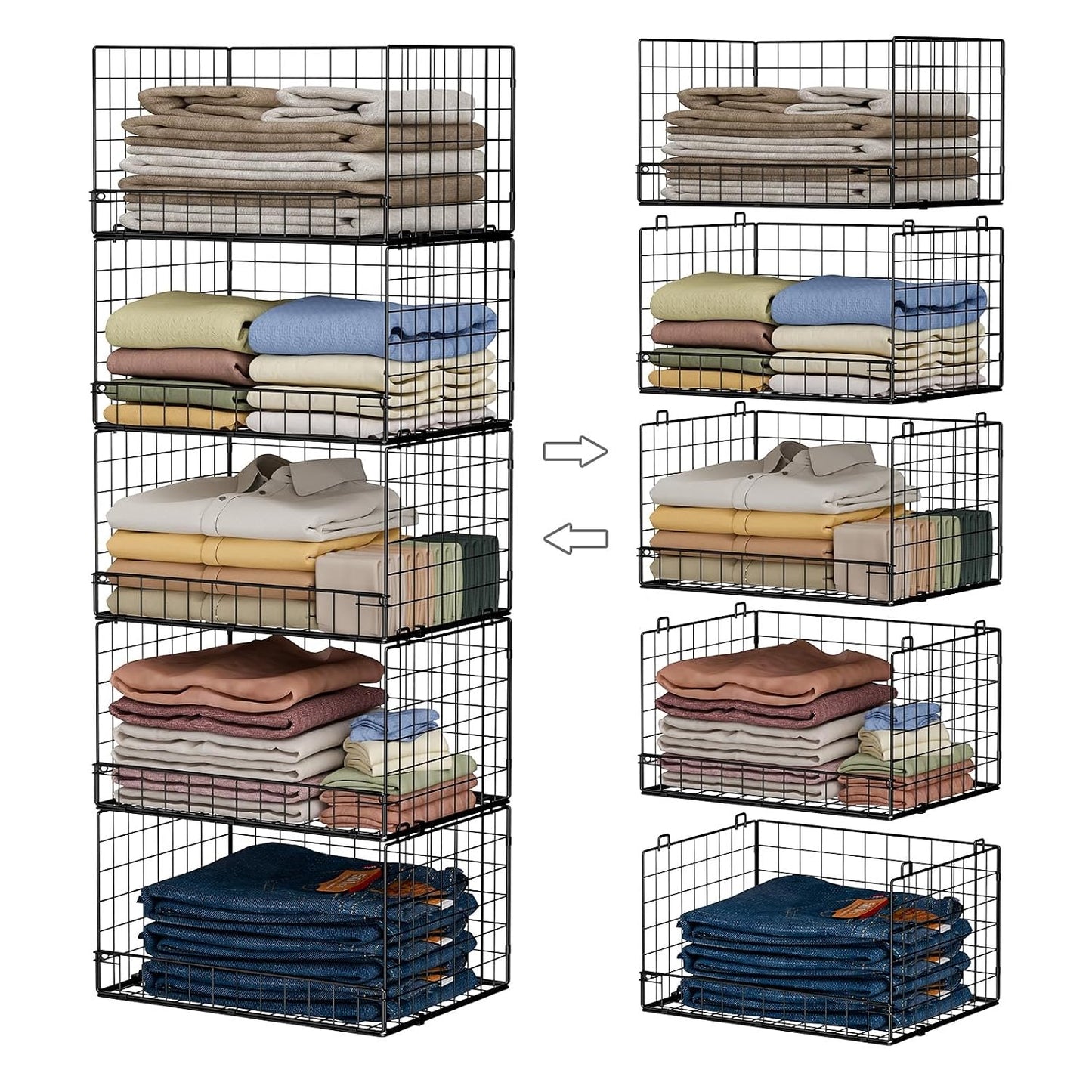 5-Tier Stackable Closet Organizers and Storage Shelves, Closet Shelf Organizer Basket Bins, Foldable Sweater Storage for Closet Organizer System, Black(Patent 30022416)