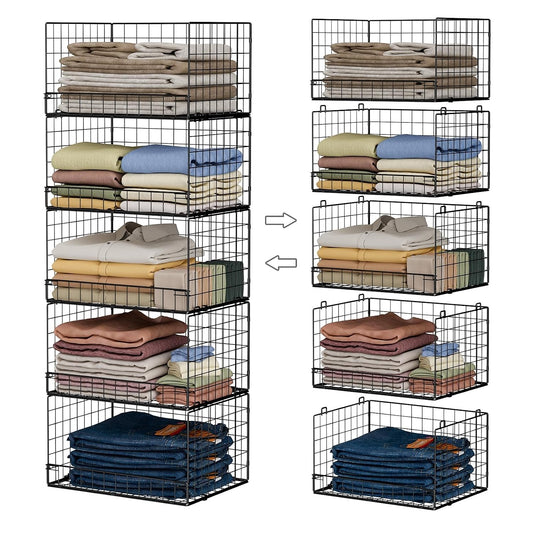 5-Tier Stackable Closet Organizers and Storage Shelves, Closet Shelf Organizer Basket Bins, Foldable Sweater Storage for Closet Organizer System, Black(Patent 30022416)