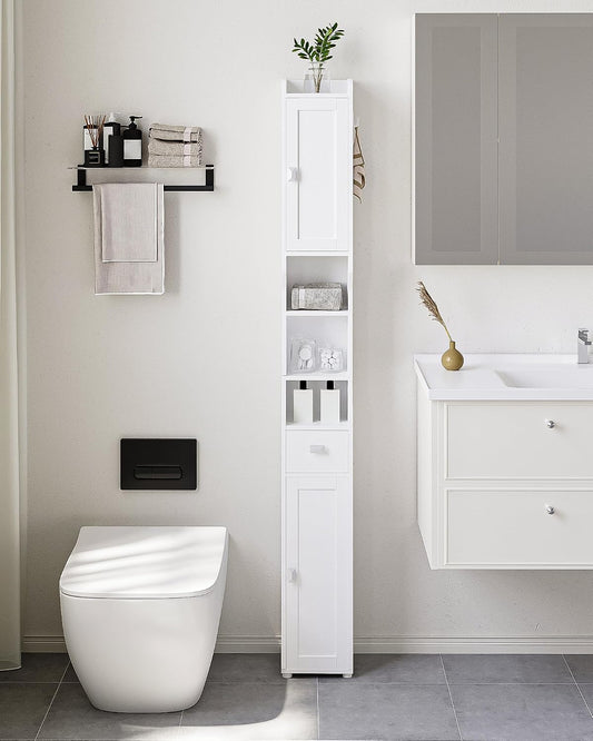 HEXCELEN Bathroom Storage Cabinet,Tall Narrow Bathroom Cabinet White | Narrow Tall, Freestanding Floor Cabinet, 2 Doors and 1 Drawer, Adjustable Shelf, 1 Hook