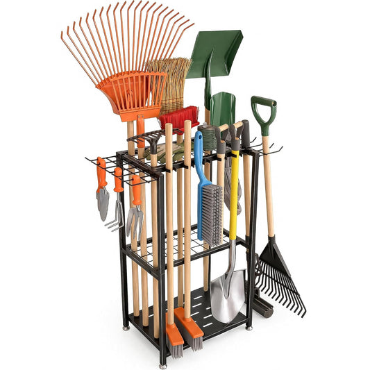 Garden Tool Organizer, 3-Tier Metal Yard Tool Rack with 14 Hooks & 5 Slots, Holds 50+ Rakes/Shovels/Brooms, Heavy Duty Freestanding Lawn Tool Storage for Garage Shed Outdoor Organization