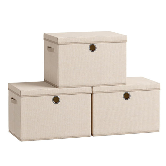 SONGMICS Large Storage Bins with Lids, 3 Pack Foldable Storage Boxes | 3 Pack Foldable Storage Boxes, 41 Quart Fabric Closet Organizer, 16.9"L x 11.8"W x 11.8"H, Summer Sand URFB545LF01